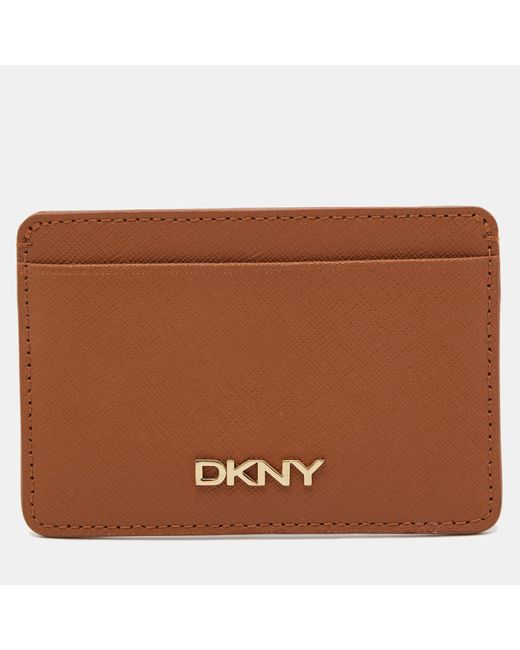 DKNY Brown Tan Saffiano Leather Logo Card Holder