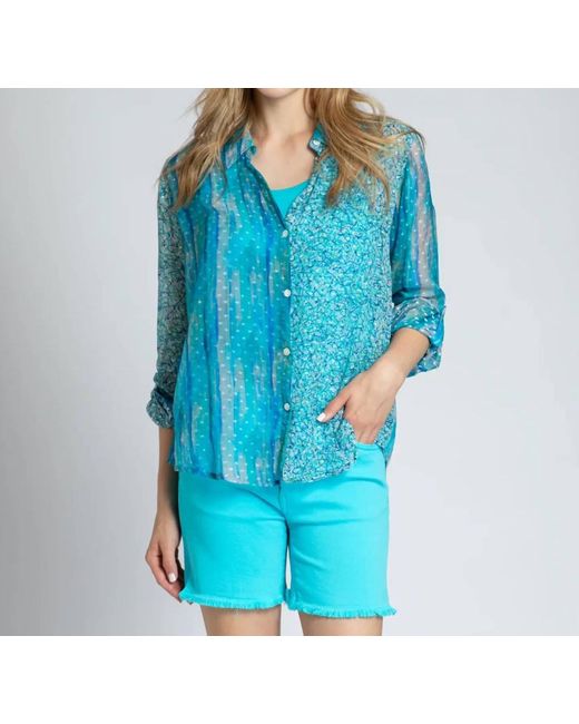 Apny Blue Roll Sleeve Button Up Top