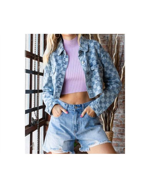 Veveret Blue Checkered Print Cutted Hem Cropped Denim Top