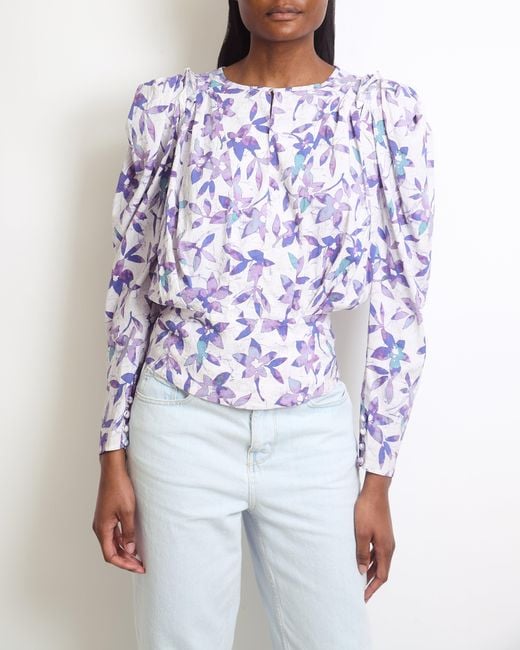 Isabel Marant Blue Pleated Floral Long Sleeve Blouse