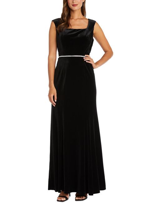 R & M Richards Black Velvet Embellished Evening Dress