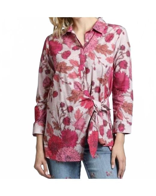 Apny Red Pixilated Floral Side Tie Button Up Shirt