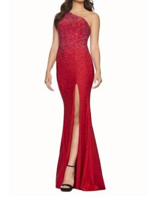 Faviana Red One Shoulder Hot Stone Gown