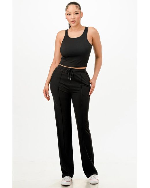 Fashnzfab Black Ribbed Tank Top And Pant Set