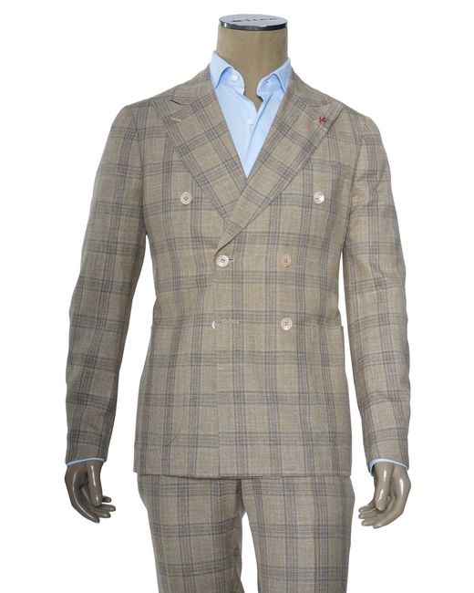 Isaia Gray Double Breasted Double Windowpane Wool-Silk-Linen Suit for men