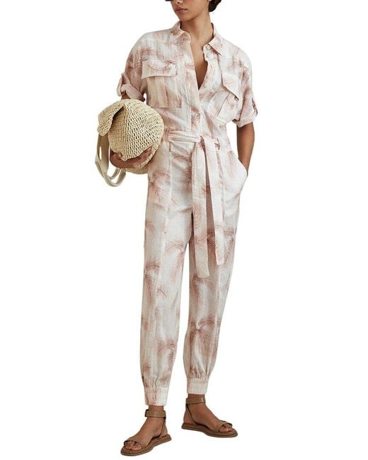 Reiss White Kaia Printed Linen Jumpsuit