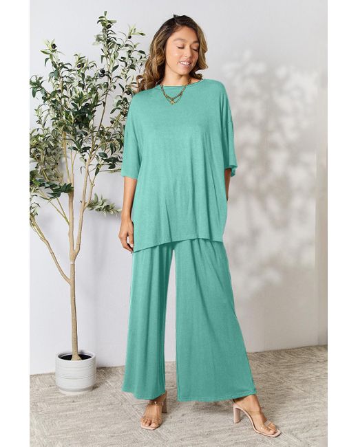 TRUEDAMES Green Full Size Round Neck Slit Top And Pants Set