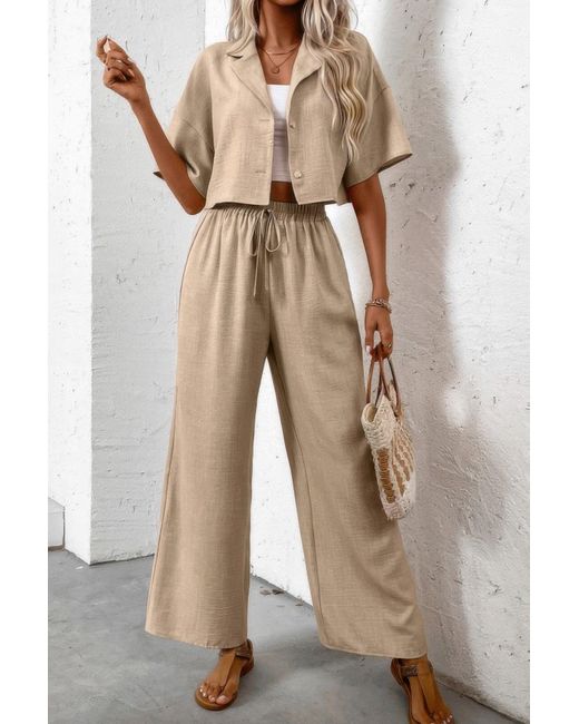 TRUEDAMES Natural Drop Shoulder Tie Front Wide Leg Pant Set