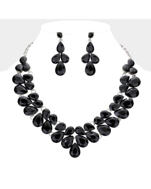 Fashnzfab Women's Black Teardrop Stone Cluster Evening Necklace