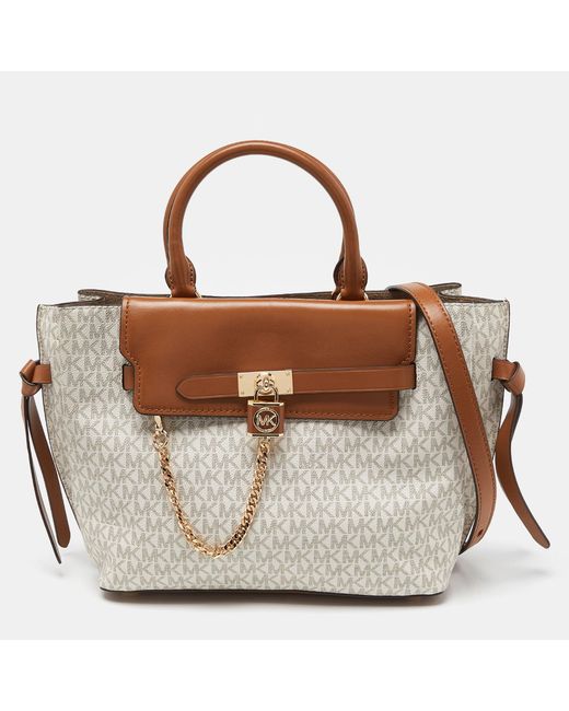Michael Kors Brown Vanilla/tan Signature Coated Canvas And Leather Hamilton Legacy Belted Tote