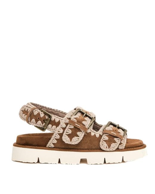 Mou Brown Double Buckle Suede Sandals With Contrasting Stitching