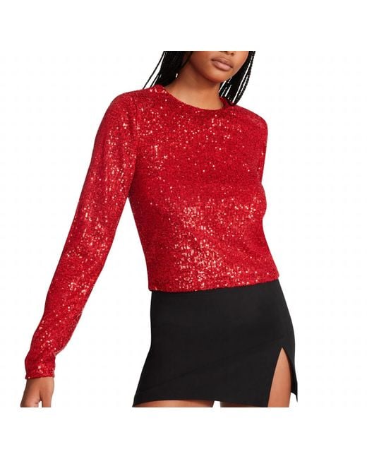 Steve Madden Demi Sequin Long Sleeve Top In Red