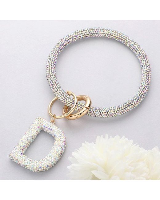 Fashnzfab White D- Bling Studded Initial Monogram Charm Bracelet Keychain Ab