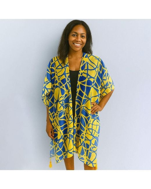 TRUEDAMES Multicolor Bold Geometric Pattern Tassel Detail Open Front Kimono Poncho