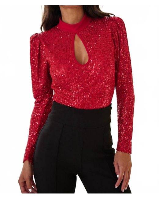 Valentine Red Paula Sequin Shoulder Pad Bodysuit