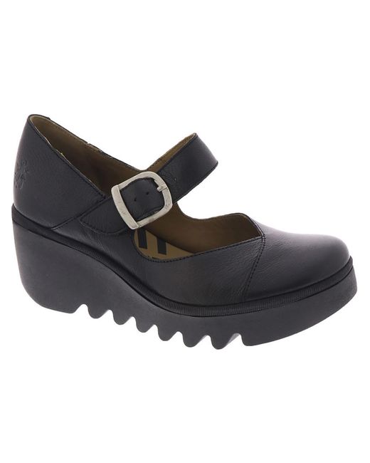 Fly London Black Baxe Faux Leather Wedge Mary Janes
