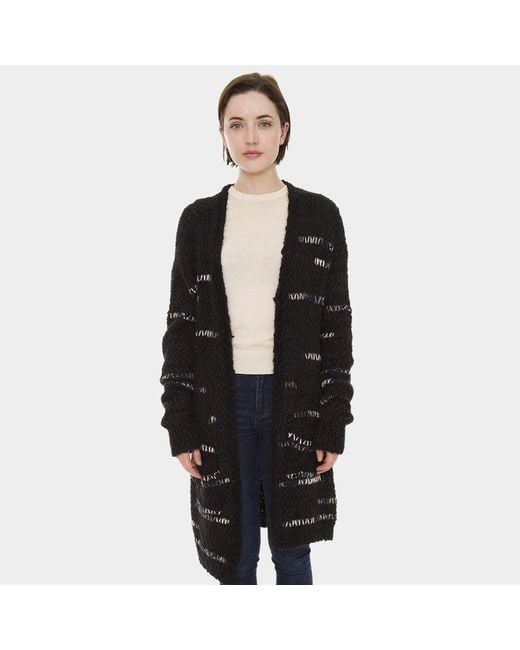 TRUEDAMES Black Dark Color Stripe Solid Long Sleeve Pockets Cardigan