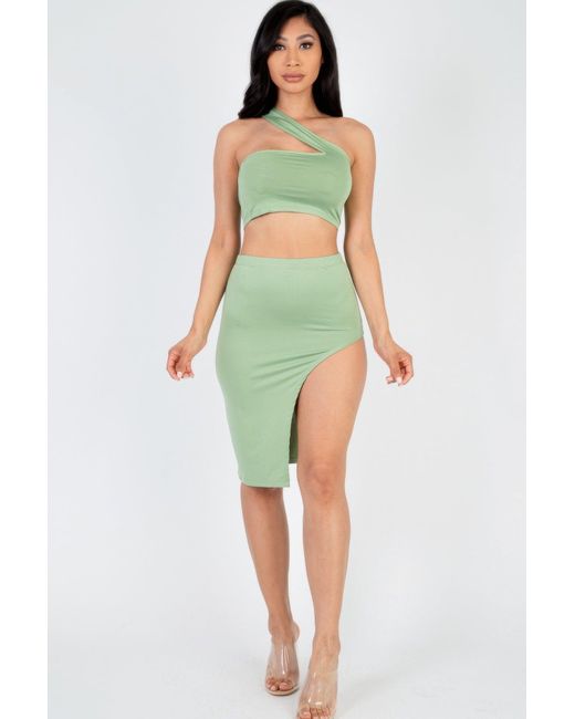 TRUEDAMES Green Sexy Solid One Shoulder Crop Top & Split Thigh Midi Skirt Set