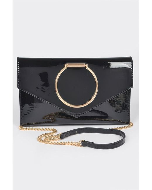 Fashnzfab Black Enamel Faux Leather Metal Handle Flap Clutch