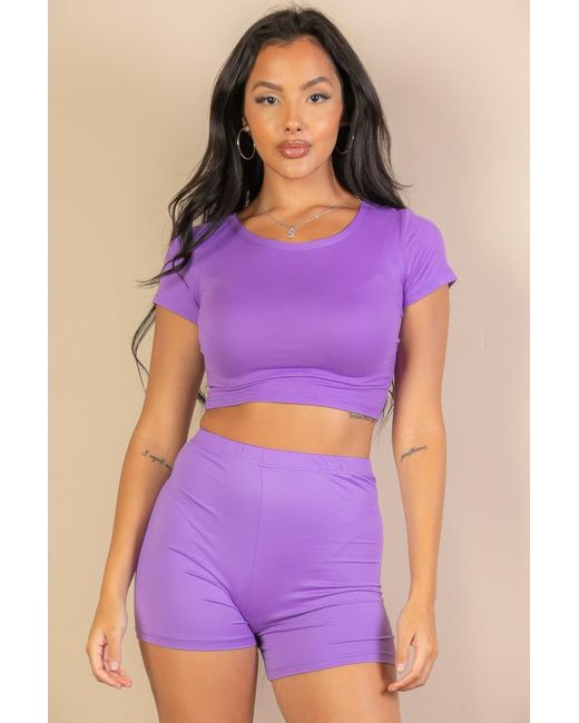 Fashnzfab Purple Short Sleeve Crop Top & Shorts Set