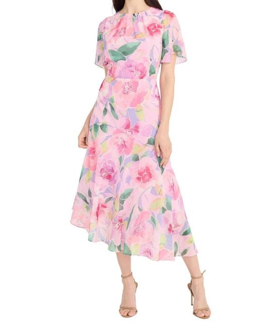 Maggy London Pink Short Sleeve Floral Midi Dress
