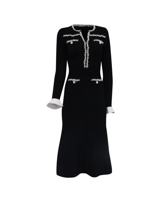 Self-Portrait Pearl Trim Knit Midi Dress in Black | Lyst