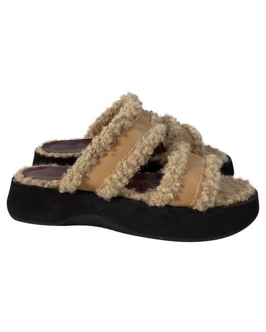 Staud Brown Siesta Shearling Slide Sandals