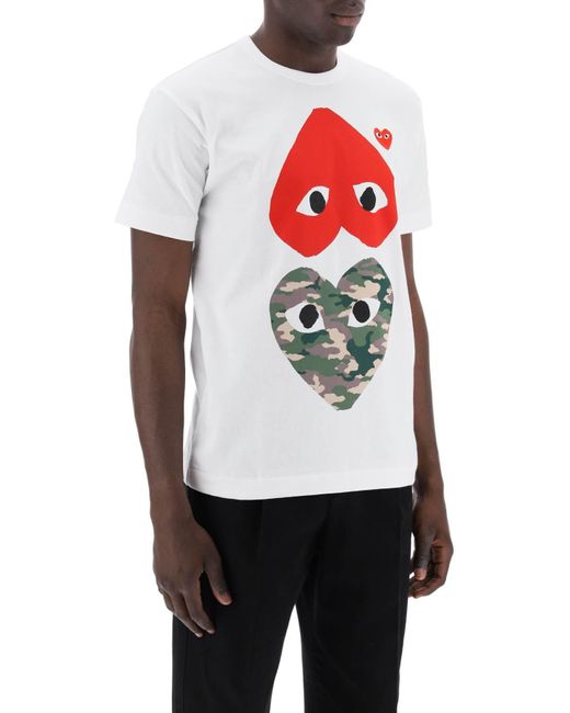COMME DES GARÇONS PLAY White Round-neck T-shirt With Double Heart Print for men