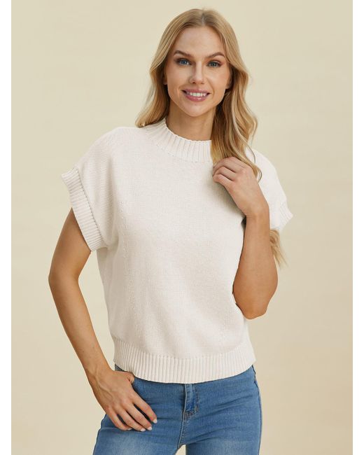 TRUEDAMES Natural Full Size Mock Neck Short Sleeve Sweater