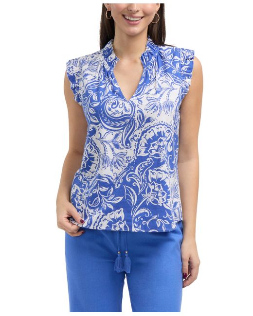 Ellen Tracy Blue Linen Blend Top With Ruffle Sleeve And Collar