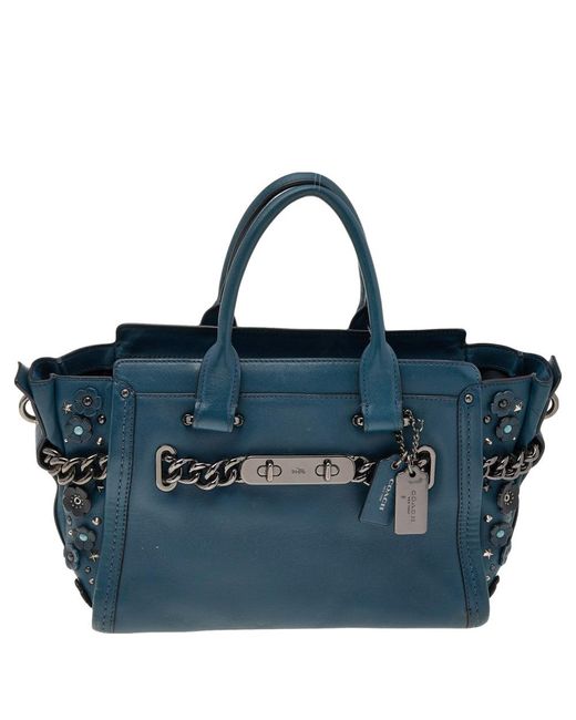 COACH Blue Patch Embellished Leather swagger 27 Carryall Satchel
