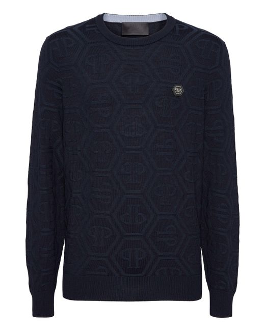 Philipp Plein Blue Jacquard Silk Wool Pullover Round Neck Ls Monogram for men