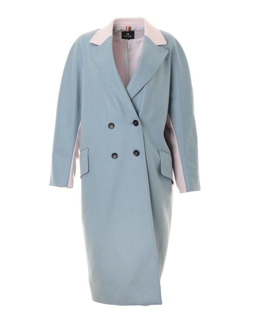 Paul Smith Blue Bicolor Long Coat With Tailored Collar