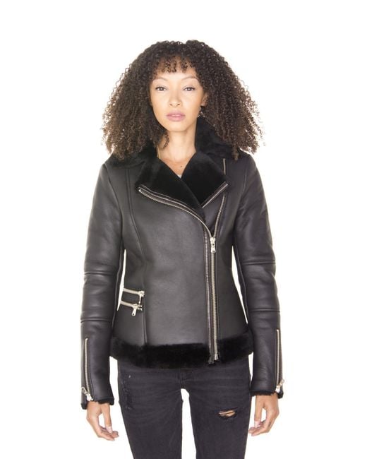 Infinity Leather Black Shearling Sheepskin Aviator Jacket-Patchway