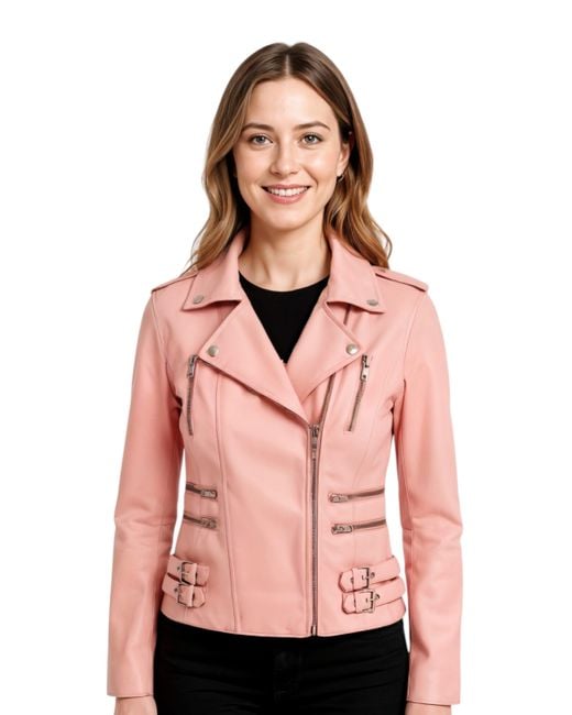 Infinity Leather Pink Leather Tan Brando Biker Jacket-Constantia