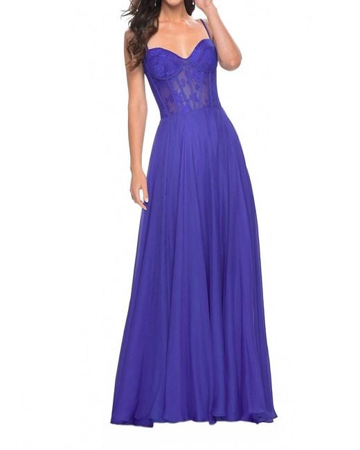 La Femme Purple Lace Bustier Prom Dress