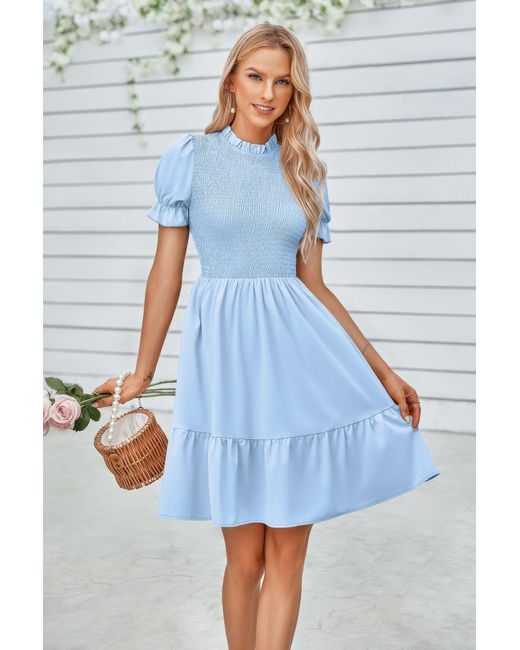 TRUEDAMES Blue Solid Puff Sleeve Shirred Detail Ruffle Hem Dress