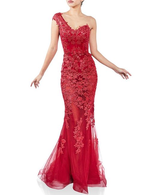 Terani Red Asymmetrical One Shoulder Gown