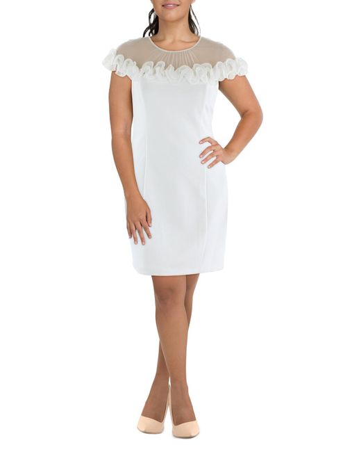 Adrianna Papell White Rosette Ruffled Midi Cocktail And Party Dress