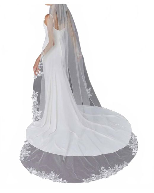 Mori Lee White Lace Scattered Rhinestones Cathedral Length Wedding Veil