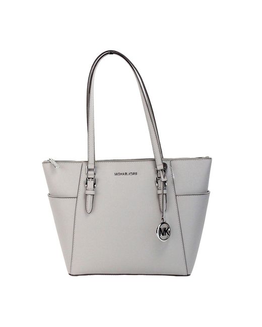 Michael Kors Gray Charlotte Ivory Large Leather Top Zip Tote Bag Purse