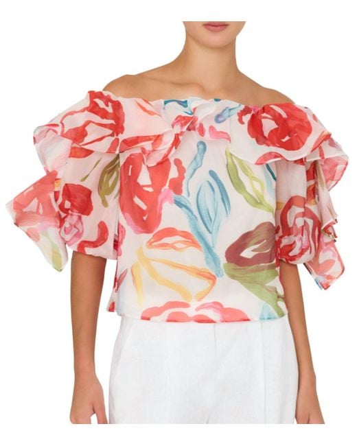 MILLY Red Floraison Rouge Organza Ruffle Top
