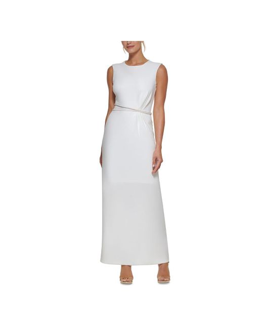 DKNY White Beaded-waist Maxi Evening Dress