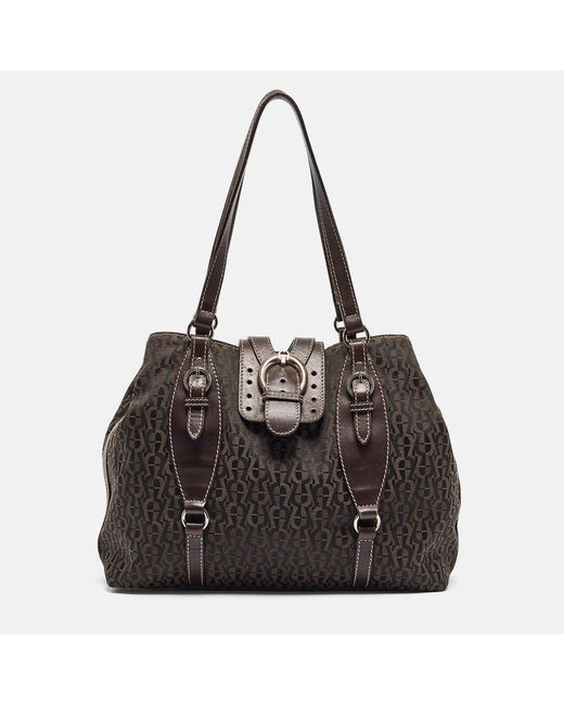 Aigner Black Dark Monogram Canvas And Leather Buckle Flap Tote