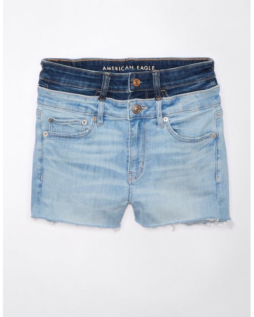 American Eagle Outfitters Blue Ae Real Good Repurposed Next Level High-waisted Double Waist Short Short