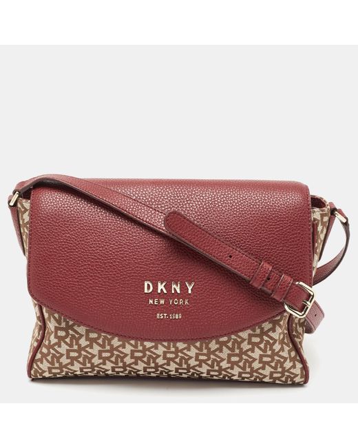 DKNY Red Burgundy/beige Signature Canvas And Leather Noho Shoulder Bag