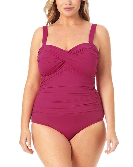 Anne Cole Synthetic Twist Front Shirred Bandeau One piece In Brown Lyst