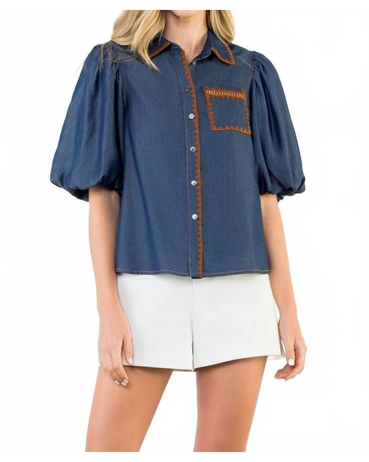 Thml Blue Puff Sleeve Denim Button Up Top
