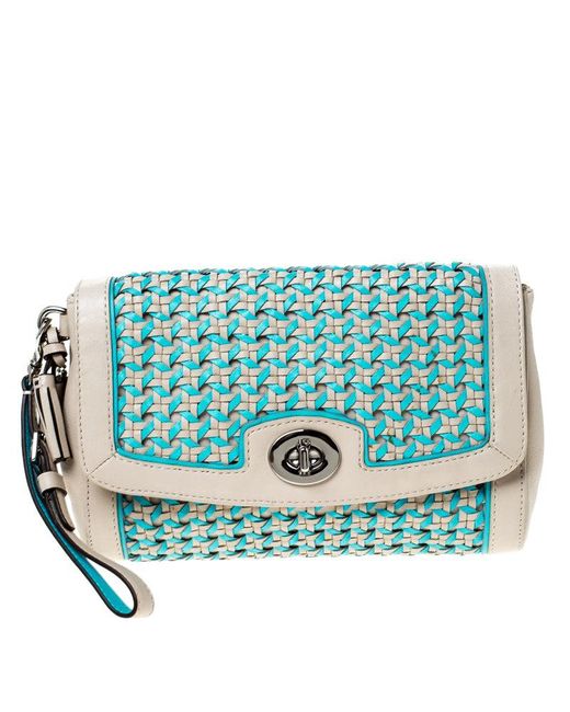 COACH /blue Caning Leather Flap Wristlet Clutch