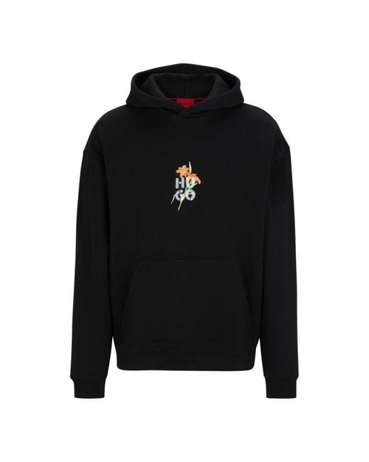 HUGO Black Oversize-Fit Hoodie With Floral Artwork for men